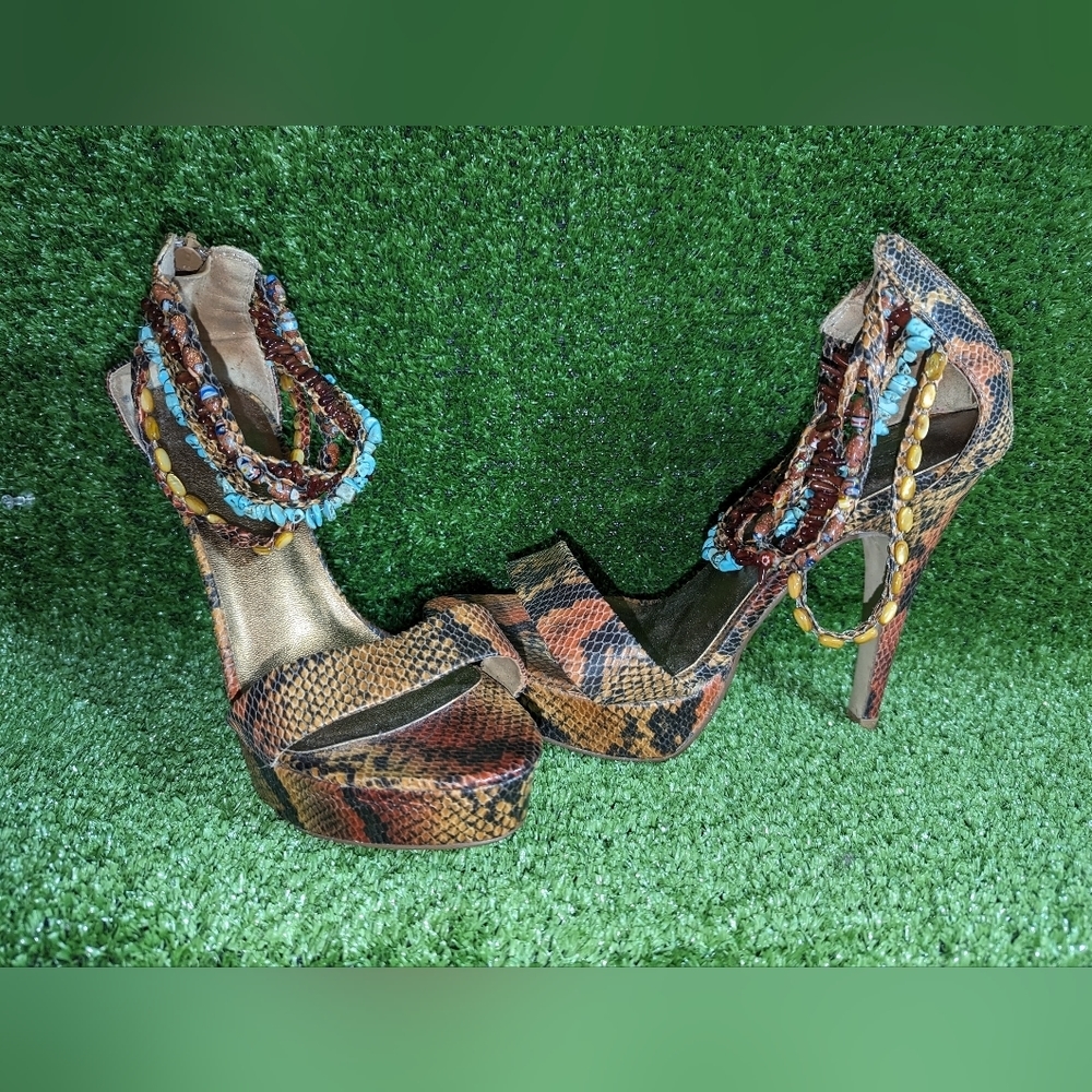 Paprika Women's Strappy Open Toe Stiletto Heels Snake Print Size 9 - Picture 3 of 5